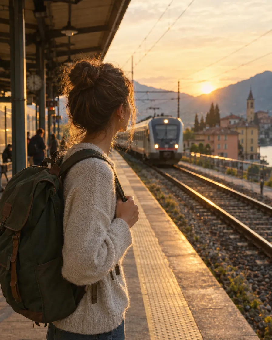 Una joven con mochila espera un tren en el andén al atardecer