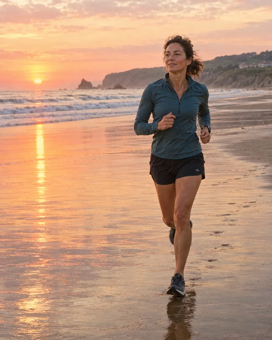 Una mujer corre por la playa al amanecer