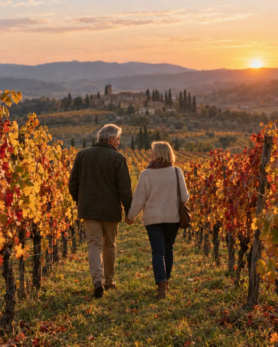 Una pareja mayor pasea de la mano entre viñedos al atardecer
